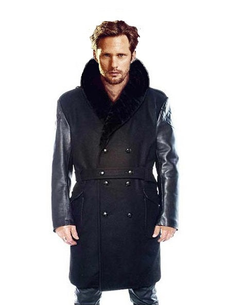 Wool Coat with Leather Sleeves and Mouton Collar Style #1400 - Jakewood Shearlin Leather Mouton Fur Bomber Aviator Parka Coat Jacket Sheepskin All size Brooklyn New York manufacturer