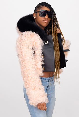 Ladies Mongolian Fur Crop Jacket with Hood Style #1042