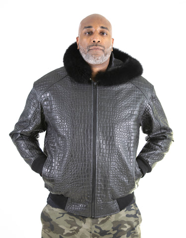 Embossed Leather Bomber Jacket with fox fur trimmed hood Style #2266H