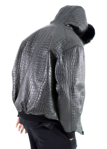 Embossed Leather Bomber Jacket with fox fur trimmed hood Style #2266H
