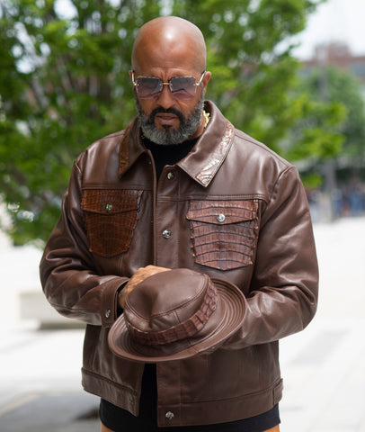 Jean style Leather Jacket with Alligator Trimming #3065