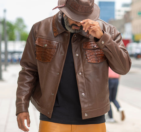 Jean style Leather Jacket with Alligator Trimming #3065