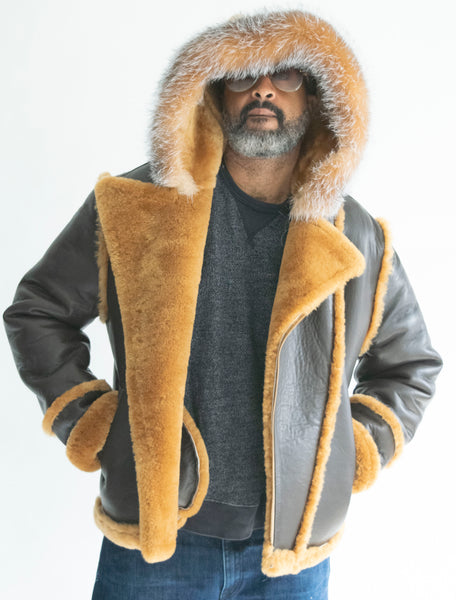Sheepskin Jacket with Hood and Fox Fur Style #3910