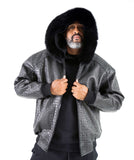 Embossed Leather Bomber Jacket with fox fur trimmed hood Style #2266F