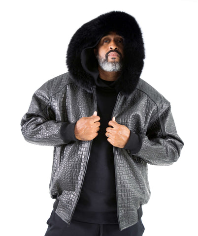 Embossed Leather Bomber Jacket with fox fur trimmed hood Style #2266F