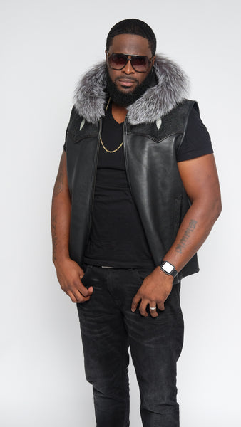 Black Lightweight Lambskin Stingray Vest With Silver Fox Hood Style #910H - Jakewood Shearlin Leather Mouton Fur Bomber Aviator Parka Coat Jacket Sheepskin All size Brooklyn New York manufacturer