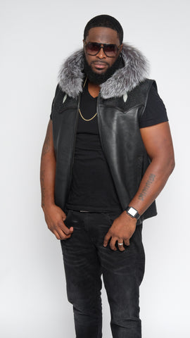 Black Lightweight Lambskin Stingray Vest With Silver Fox Hood Style #910H - Jakewood Shearlin Leather Mouton Fur Bomber Aviator Parka Coat Jacket Sheepskin All size Brooklyn New York manufacturer 