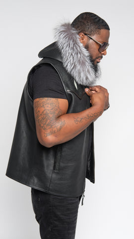 Black Lightweight Lambskin Stingray Vest With Silver Fox Hood Style #910H - Jakewood Shearlin Leather Mouton Fur Bomber Aviator Parka Coat Jacket Sheepskin All size Brooklyn New York manufacturer 