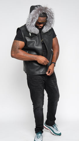 Black Lightweight Lambskin Stingray Vest With Silver Fox Hood Style #910H - Jakewood Shearlin Leather Mouton Fur Bomber Aviator Parka Coat Jacket Sheepskin All size Brooklyn New York manufacturer