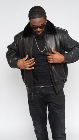 Leather jacket with row stone stingray and mink collar Style #2012