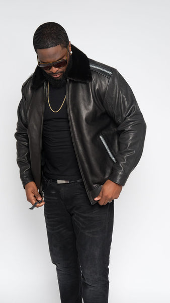 Leather jacket with row stone stingray and mink collar Style #2012