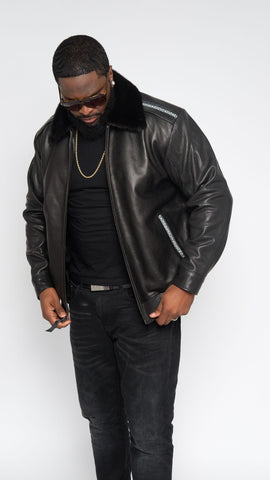 Leather jacket with row stone stingray and mink collar Style #2012