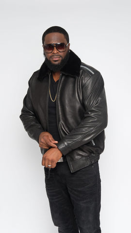 Leather jacket with row stone stingray and mink collar Style #2012