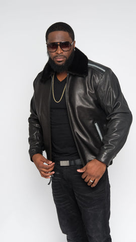 Leather jacket with row stone stingray and mink collar Style #2012