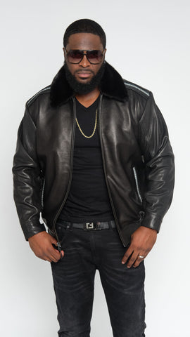 Leather jacket with row stone stingray and mink collar Style #2012