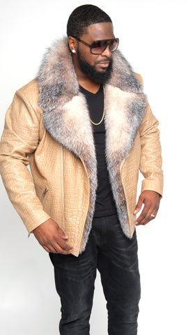Leather Jacket Embossing Design With Crystal Fox Fur Style #7100 - Jakewood Shearlin Leather Mouton Fur Bomber Aviator Parka Coat Jacket Sheepskin All size Brooklyn New York manufacturer