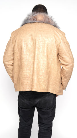 Leather Jacket Embossing Design With Crystal Fox Fur Style #7100 - Jakewood Shearlin Leather Mouton Fur Bomber Aviator Parka Coat Jacket Sheepskin All size Brooklyn New York manufacturer