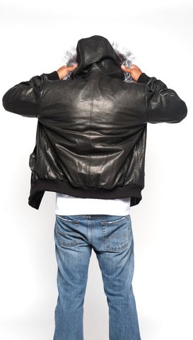 Leather Jacket With Sliver Fox Fur Hood Style #3460 - Jakewood Shearlin Leather Mouton Fur Bomber Aviator Parka Coat Jacket Sheepskin All size Brooklyn New York manufacturer