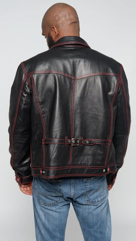 Denim Style Leather Jacket Style Black with Red Threading #3600