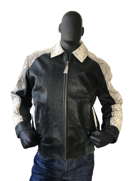 Distressed Leather Bomber Jacket With Python Trimming Style #2095