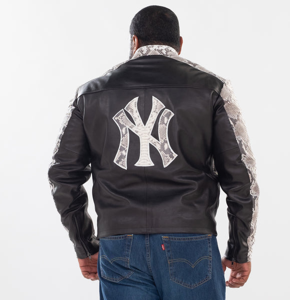 Men's Leather Jacket with Python Trimming and Custom Yankees Python Logo M