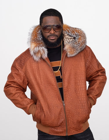 Embossed Leather Bomber Jacket with fox fur trimmed hood Style #2266F