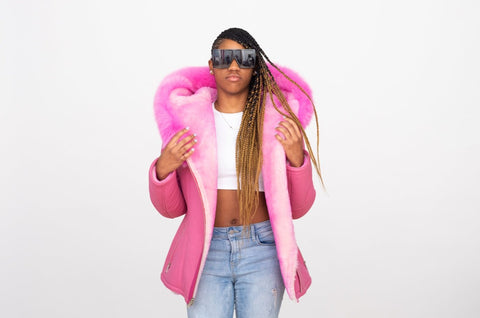 Women's Sheepskin Leather Jacket with Fox Fur Hood Style #1069