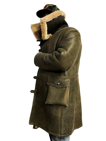 Warm Winter Button-Up Sheepskin Trench Coat Style #6110 - Jakewood Shearlin Leather Mouton Fur Bomber Aviator Parka Coat Jacket Sheepskin All size Brooklyn New York manufacturer