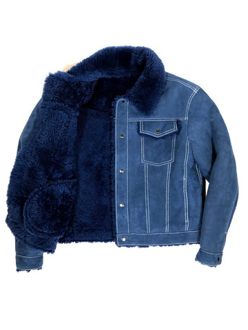 Warm Winter Denim Style Button-Up Sheepskin Jacket Style #3610 - Jakewood Shearlin Leather Mouton Fur Bomber Aviator Parka Coat Jacket Sheepskin All size Brooklyn New York manufacturer