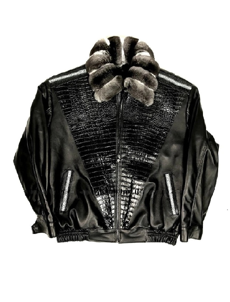 Black Lambskin Jacket With Chinchilla Collar & Alligator/Stingray