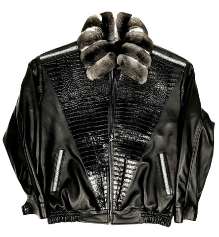 Black Lambskin Jacket With Chinchilla Collar & Alligator/Stingray Trimming Style #2075 - Jakewood Shearlin Leather Mouton Fur Bomber Aviator Parka Coat Jacket Sheepskin All size Brooklyn New York manufacturer
