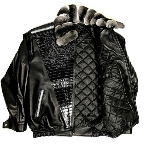 Black Lambskin Jacket With Chinchilla Collar & Alligator/Stingray Trimming Style #2075 - Jakewood Shearlin Leather Mouton Fur Bomber Aviator Parka Coat Jacket Sheepskin All size Brooklyn New York manufacturer