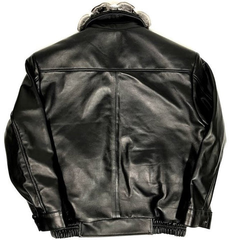 Black Lambskin Jacket With Chinchilla Collar & Alligator/Stingray Trimming Style #2075 - Jakewood Shearlin Leather Mouton Fur Bomber Aviator Parka Coat Jacket Sheepskin All size Brooklyn New York manufacturer 