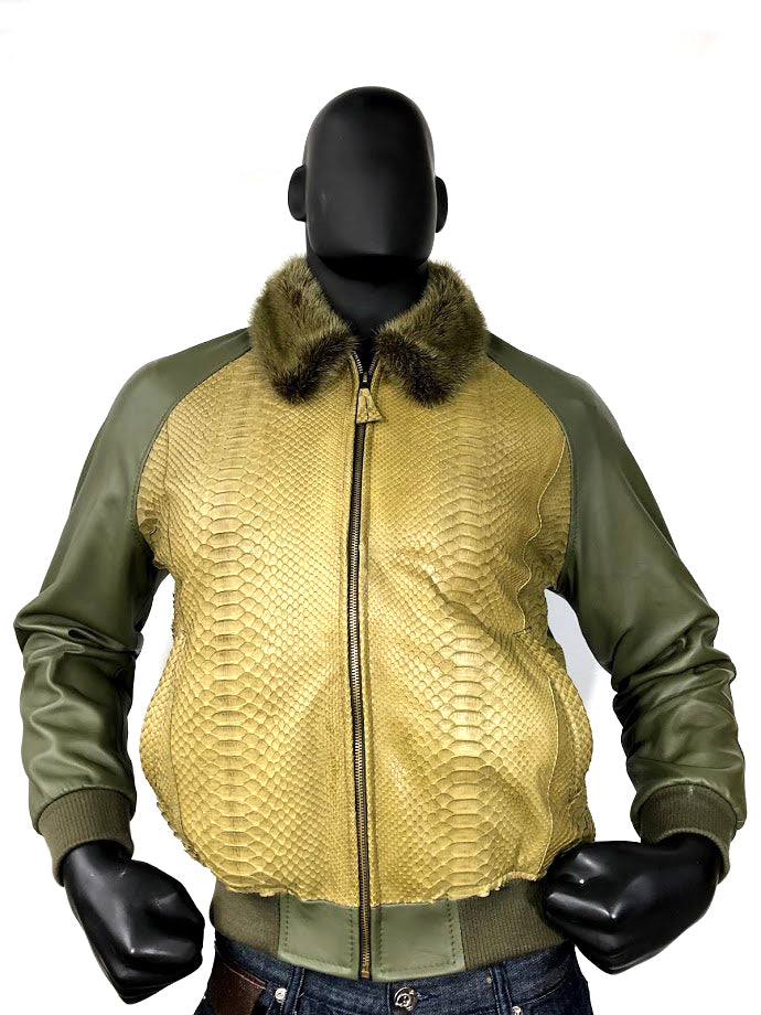 Men's Olive Green Lambskin Leather Jacket & Python Trimming With
