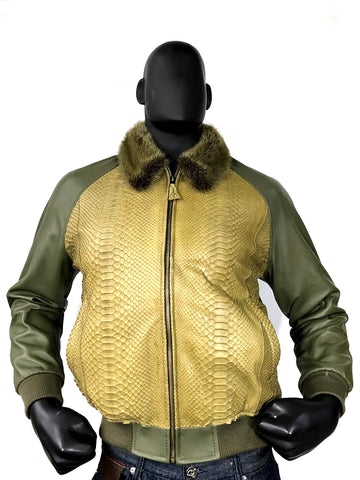 Men's Olive Green Lambskin Leather Jacket & Python Trimming With Mink Collar Style #1020-2