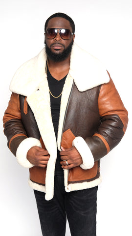 Sheepskin Jacket With Nappa Leather Finish Style #840 - Jakewood Shearlin Leather Mouton Fur Bomber Aviator Parka Coat Jacket Sheepskin All size Brooklyn New York manufacturer