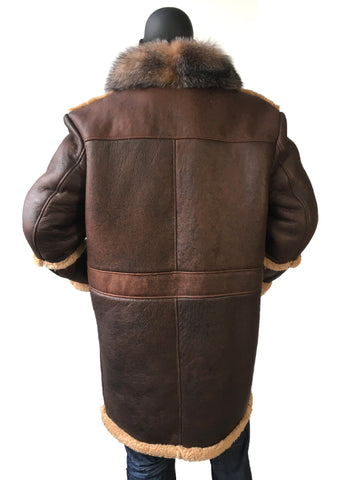 Sheepskin Trench Coat With Fox Fur Collar Style #4920 - Jakewood Shearlin Leather Mouton Fur Bomber Aviator Parka Coat Jacket Sheepskin All size Brooklyn New York manufacturer