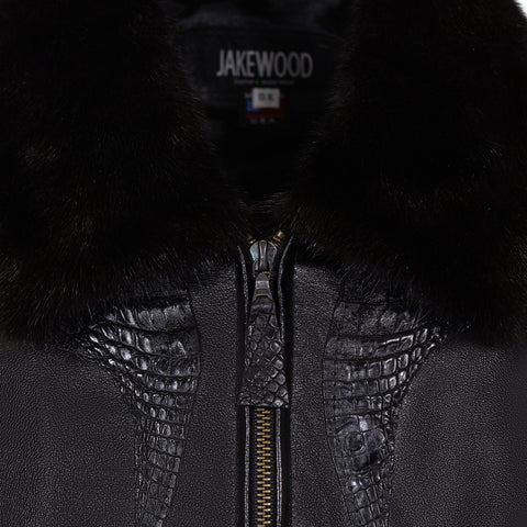Genuine Lambskin Leather Jacket With Alligator Trimming & Mink Collar Style #2068