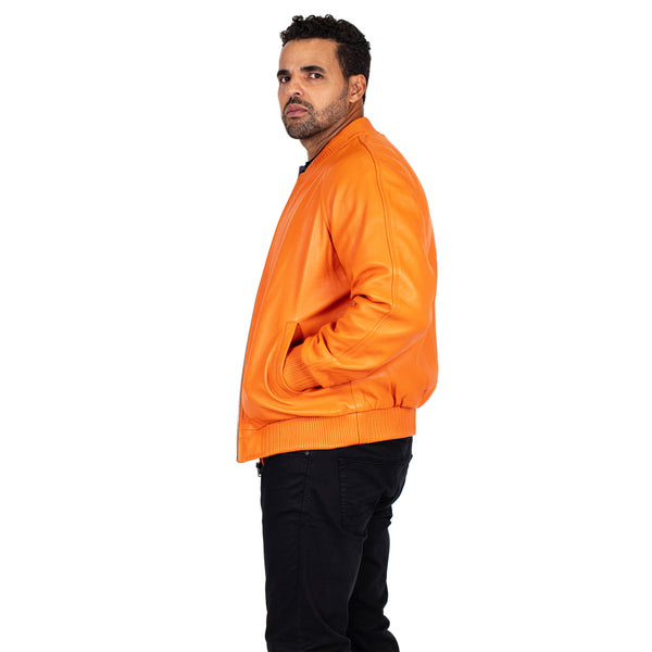 Jakewood Orange Butter Soft Leather Baseball Jacket (M) | HipHopCloset