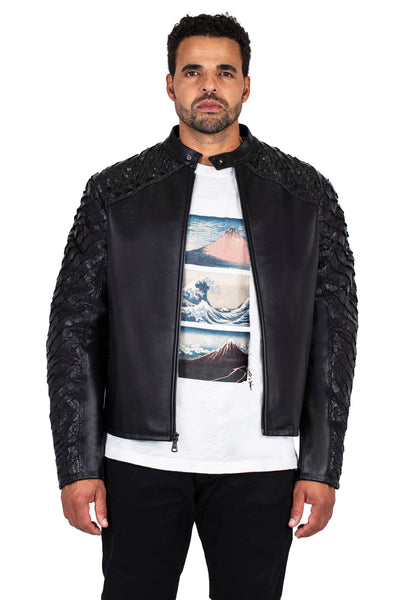 Men's Open Bottom Leather Jacket With Arapaima Skin Style #2032