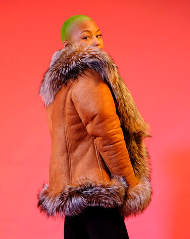 Women Sheepskin Jacket with Fur trimming Style #1086