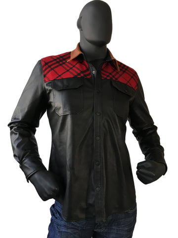 Lightweight Leather Shirt with Wool Trimming Style #705 - Jakewood Shearlin Leather Mouton Fur Bomber Aviator Parka Coat Jacket Sheepskin All size Brooklyn New York manufacturer