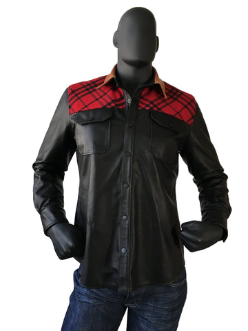Lightweight Leather Shirt with Wool Trimming Style #705 - Jakewood Shearlin Leather Mouton Fur Bomber Aviator Parka Coat Jacket Sheepskin All size Brooklyn New York manufacturer