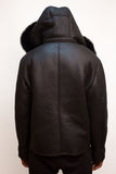 Men's Shearling Winter Jacket with Hood Fur Black Style #900H - Jakewood Shearlin Leather Mouton Fur Bomber Aviator Parka Coat Jacket Sheepskin All size Brooklyn New York manufacturer