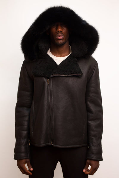 Men's Shearling Winter Jacket with Hood Fur Black Style #900H - Jakewood Shearlin Leather Mouton Fur Bomber Aviator Parka Coat Jacket Sheepskin All size Brooklyn New York manufacturer