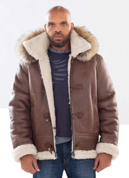 Jakewood Men's Sheepskin Shearling Toggled Coat with Fox Collar and Hood Style #4950H 4X