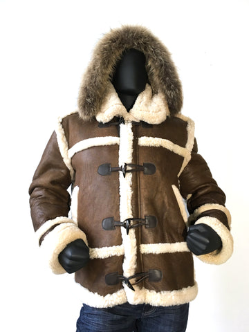 Sheepskin Jacket Toggle Closer with Hood and Fur Style #4700 - Jakewood Shearlin Leather Mouton Fur Bomber Aviator Parka Coat Jacket Sheepskin All size Brooklyn New York manufacturer
