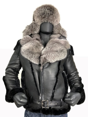 Sheepskin Jacket with Fur collar Style #1320 - Jakewood Shearlin Leather Mouton Fur Bomber Aviator Parka Coat Jacket Sheepskin All size Brooklyn New York manufacturer