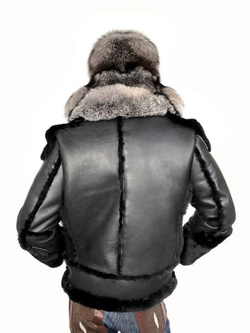 Sheepskin Jacket with Fur collar Style #1320 - Jakewood Shearlin Leather Mouton Fur Bomber Aviator Parka Coat Jacket Sheepskin All size Brooklyn New York manufacturer