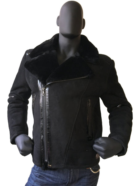 Sheepskin Jacket with Patent Leather Style #5900L - Jakewood Shearlin Leather Mouton Fur Bomber Aviator Parka Coat Jacket Sheepskin All size Brooklyn New York manufacturer